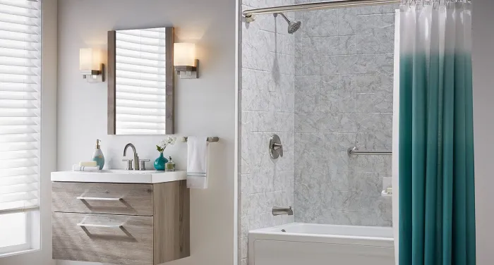 Updated shower with coordinated bathroom walls and fixtures